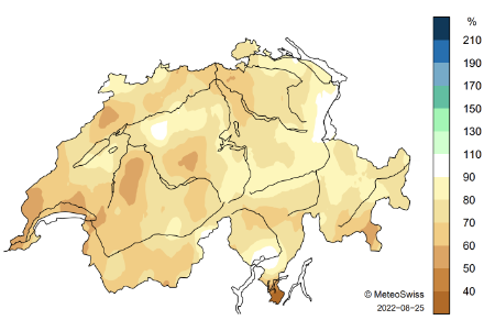 Figure 4. Répartition spatiale des sommes de précipitations en été 2022, représentée en % de la norme 1991-2020. Etat au 24.08.2022