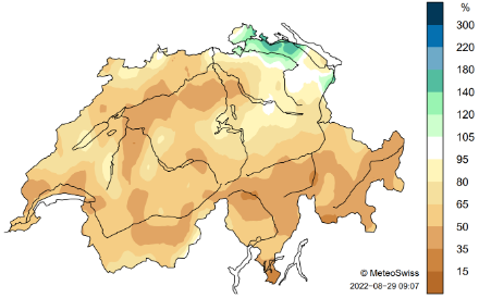 Figure 2. Répartition spatiale des sommes de précipitations en août 2022, représentée en % de la norme 1991-2020. Etat au 28.08.2022
