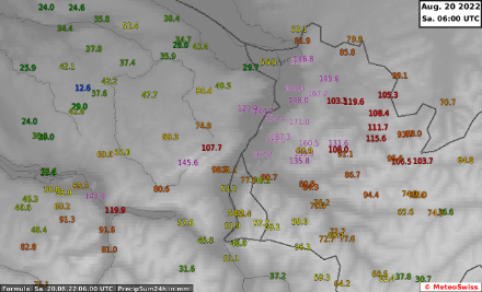 Figure 3 : cumul de précipitations en mm entre vendredi 08h et samedi 08h locale mesuré à différentes stations.