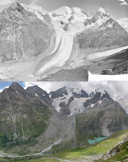Vue sur le Vadret da Tschierva et le Piz Roseg (sommet de droite) depuis l'Alp Ota. En haut 1935, en bas 2022.