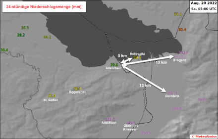 Figure 2 : cumul de précipitation entre vendredi 07h et samedi 07h locale (chiffre en couleur).