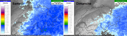 Figure 5. Cumuls de précipitations (en millimètres) sur 24 heures pour les journées du samedi 27 et dimanche 28 août 2022. Modèle COSMO-2E, Médiane.