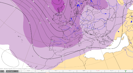 Ligne noire : altitude moyenne du géopotentiel 500 hPa dans la prévision d'ensemble ; plages de couleur : dispersion des membres de l'ensemble (plus la couleur mauve est foncée, plus la dispersion est importante et l'incertitude marquée).