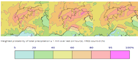 Probabilité de pluie d'au-moins 1 mm/24h pour les journées de lundi 15 à mercredi 17 août.