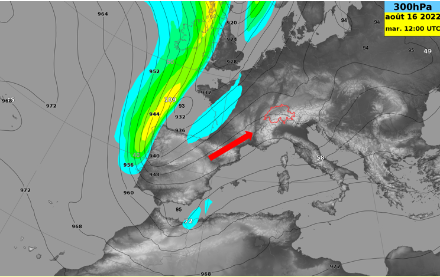 Situation générale à 300 hPa pour le mardi 16 août à 12 UTC. Le couloir dépressionnaire a plongé sur le golfe de Gascogne et entraîne un puissant courant de sud-ouest vers les Alpes.