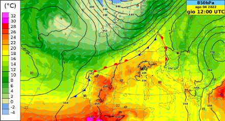 Figure 1. Distribution du géopotentiel et de la température à 850 hPa (~1500 m) telle que prédite par le modèle IFS pour le jeudi à 12 h UTC. Une large zone de haute pression avec de l'air très chaud est clairement visible sur la Méditerranée et l'Europe centrale. Une perturbation orageuse se déplace lentement vers le sud-est entre la mer Baltique occidentale et le golfe de Gascogne. Elle sépare l'air très chaud sur l'Europe centrale de l'air plus froid sur le nord de la France, les états du Benelux et le nord de l'Allemagne.