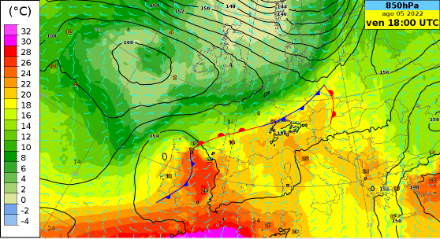 Figure 2 : Distribution du géopotentiel et de la température à 850 hPa telle que prévue par le modèle IFS pour vendredi à 18 h UTC. La perturbation orageuse s'étendant du centre de la France au sud de l'Allemagne atteindra le Jura vers la soirée et favorisera une instabilité accrue dans la région alpine.