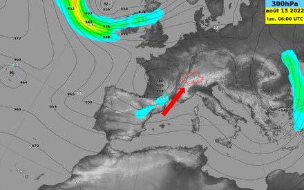Situation générale à 300 hPa pour le lundi 15 août à 06 UTC, avec une dépression centrée sur la France et un courant de sud-ouest en direction des Alpes.