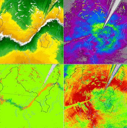Fig. 2. Les données radar brutes ressemblent peu aux images radar que nous voyons sur l’application MétéoSuisse ! Avant que les données radar ne puissent être utilisées, elles sont traitées à l’aide d’algorithmes et de méthodes sophistiquées développées en étroite collaboration avec d’autres groupes dans le monde entier.