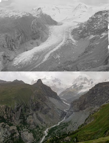 Le Gornergletscher et la région du Mont-Rose vus depuis le lac Noir. En haut 1930, en bas 2022.