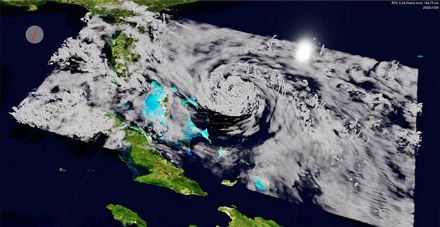 Cette simulation de 1 km capture la structure nuageuse complexe de l'ouragan de catégorie 5 Dorian qui a touché terre aux Bahamas le 1er septembre 2019. Image en collaboration avec NVIDIA, créée par OMNIVERSE.
