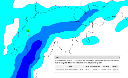 Carte en prévision valide mardi 13 septembre à 12 UTC indiquant la probabilité de dépasser 21 °C en air libre à 850 hPa à Payerne.