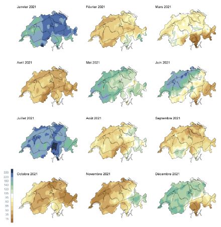 Répartition spatiale des précipitations mensuelles en pourcent de la norme 1991-2020. Image: MétéoSuisse.
