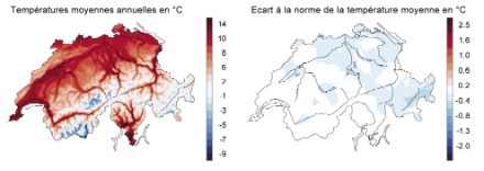 Température moyenne annuelle en 2021 et son écart par rapport à la norme 1991-2020. En moyenne nationale, l'année 2021 a accusé un déficit de 0,2 °C. Image : MétéoSuisse.