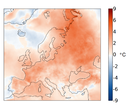 Fig. 3 : Répartition spatiale de la température du mois d'août 2022 en Europe. Ecart à la norme 1991-2020, en °C.
