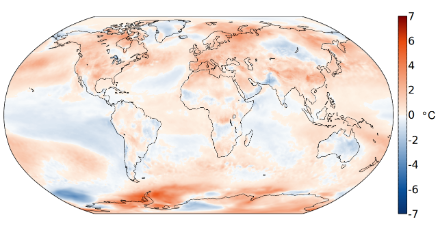 Fig. 4 : Répartition spatiale de la température de juin à août 2022 à l'échelle du globe. Ecart à la norme 1991-2020 en °C.