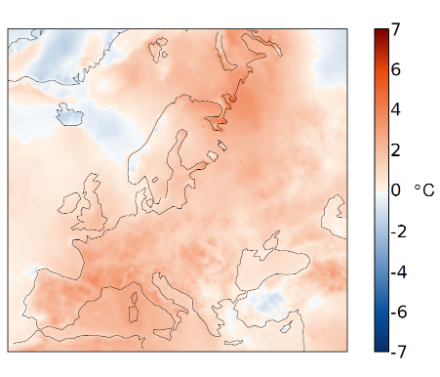 Fig. 5 : Répartition spatiale de la température de juin à août 2022 en Europe. Ecart à la norme 1991-2020, en °C.