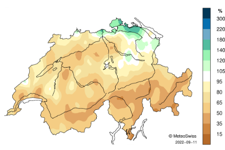 Fig. 6 : Répartition spatiale des précipitations en août 2022, représentée en % de la norme 1991-2020
