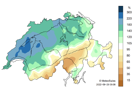 Figure 4. Répartition spatiale des sommes de précipitations en septembre 2022, représentée en % de la norme 1991-2020 (état au 28.09.2022).