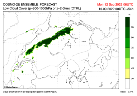 Nuages bas prévus par le modèle COSMO-2E lundi à 06Z, soit 8h locales.