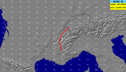 Les versants situés perpendiculairement au flux incident (zone en rouge) sont ceux où l'effet orographique est le plus prononcé ; c'est donc dans ces régions que l'on peut attendre les plus importants cumuls.