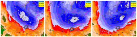 La limite de masse d'air est clairement visible sur l'image ci-dessus (en bleu : air polaire ; en rouge : air tropical humide). De gauche à droite, position de la zone frontale mercredi à 00 UTC, 12 UTC et 24 UTC respectivement.