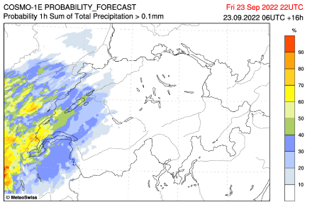 Probabilité de cumuls supérieurs à 0.1 mm en 1h (très faible) entre 23h et minuit. Pour le bassin genevois, cette probabilité est de 60 % environ pour les reliefs environnants et de moins de 50 % pour la plaine.