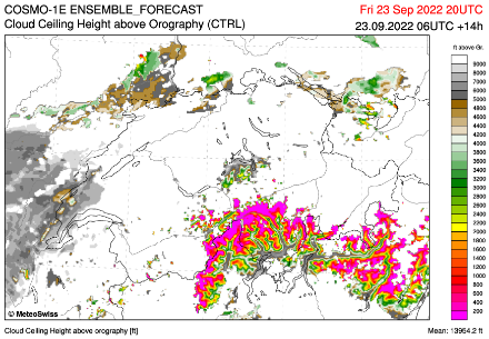 Cette carte montre l'altitude de la base des nuages par rapport au sol (en pieds (ft)) à 22h locale. Au-dessus du bassin genevois, cette base sera d'environ 7000 pied, soit environ  2100 m au-dessus du sol (2500 m par rapport au niveau de la mer).