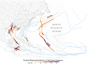 Trajectoires des 30 tempêtes de l'Atlantique en 2020, mettant en évidence quelques-unes des tempêtes nommées. Trois d'entre elles - Eta, Iota et Delta - ont vu leurs vents s'intensifier d'au moins 130 kilomètres par heure en 24 heures.