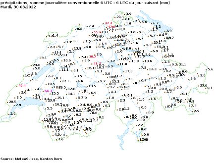 Figure 2 : cumuls de précipitations sur 24 heures enregistrés par nos différentes stations de mesure au sol durant la journée du mardi 30 août 2022