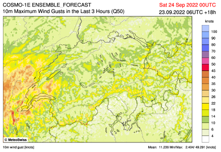 Rafales maximales (en kt) prévues par la médiane de COSMO-1E entre 23h et 2h du matin. Pour la plaine genevoise, les 20 kt prévus correspondent à 40-50 km/h environ.