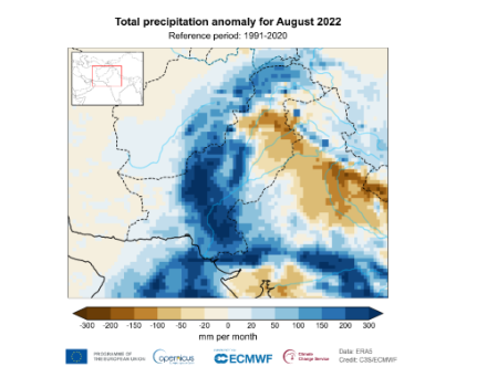 Anomalie des précipitations totales d’août 2022 par rapport aux moyennes du mois d'août pour la période 1991-2020.