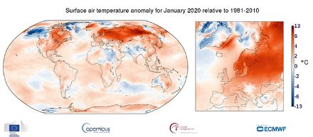 Anomalie de température de l'air en surface pour janvier 2020 par rapport à 1981-2010. Source des données : ERA5.
