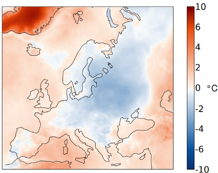 Figure 2. Répartition spatiale de la température en septembre 2022 en Europe. L’écart (en °C) à la norme 1991-2020 est représenté. Source : Copernicus