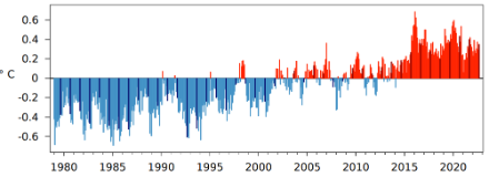 Figure 3. Anomalie mensuelle de la température moyenne mondiale de janvier 1979 à septembre 2022 par rapport à la norme 1991-2020. Les barres noires indiquent les mois de septembre. Source : Copernicus.
