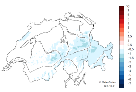 Figure 5. Répartition spatiale de la température moyenne en septembre 2022, en tant qu’écart (en °C) à la norme 1991-2020. Source : MétéoSuisse
