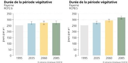 Figure 2. Moyenne sur 30 ans de la durée de la période végétative à la station de Payerne pour différentes périodes. Les valeurs sont représentées pour un scénario avec protection du climat (RCP2.6, à gauche) et pour un scénario sans protection du climat (RCP8.5, à droite).