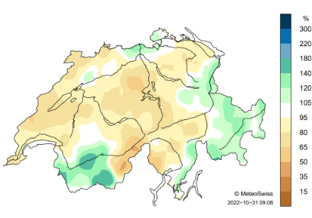 Figure 2. Répartition spatiale des sommes de précipitations en octobre 2022, représentée en % de la norme 1991-2020 (état au 30.10.2022).