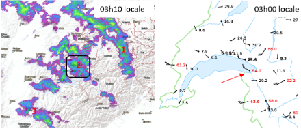 Deuxième zone d'averses associée à la deuxième vague de rafales - plus vigoureuses - de vent d'ouest au Bouveret.