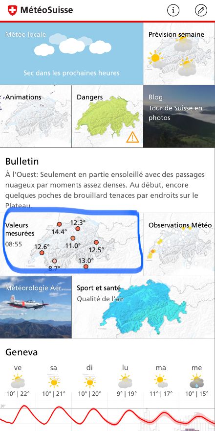 Aperçu de la page d'accueil de l'application MétéoSuisse avec en encadré la section les valeurs des paramètres météorologiques mesurées à nos stations.