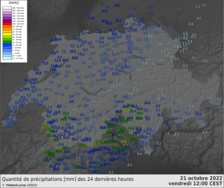 Quantité de précipitations (mm) tombées durant les dernières 24 heures entre jeudi 20 octobre à 12h et vendredi 21 octobre à la même heure. Source : MétéoSuisse