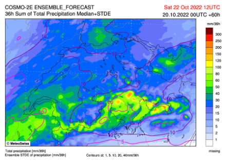 Figure 3 : cumul de précipitations entre jeudi 02 h et samedi 14 h locale du modèle COSMO-2E. Les couleurs représentent la médiane (probabilité de 50 % d’atteindre ces valeurs) et les lignes roses l’écart-type (donc l’incertitude).
