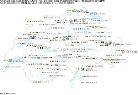 Figure 2 : Températures maximales records sur la période du 15 au 31 octobre depuis le début des mesures (variable selon les stations).