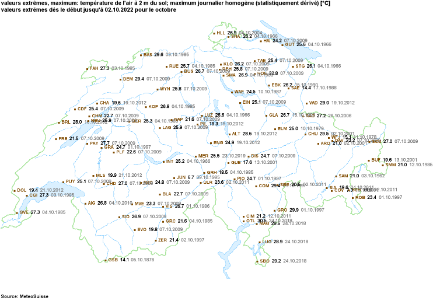 Carte des températures records mesurées en Suisse en octobre.
