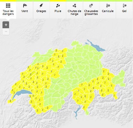 Carte de dangers émise par MétéoSuisse vendredi 21 octobre 2021.