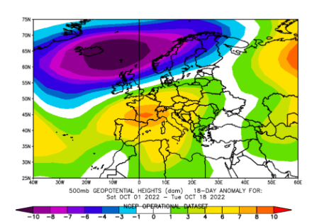 Figure 1 :  anomalie du géopotentiel  (en décamètres) à 500 hPa (pression vers 5500 m) du 1er au 18 octobre 2022.