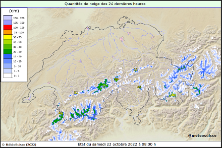 Relevés de neige fraîche tombée en 24h (cm), samedi 22 octobre 8h