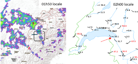 Première zone d'averses associée à la première vague de rafales de vent d'ouest au Bouveret.