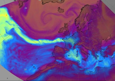 Champs d'eau précipitable en mm du modèle ECMWF, 14.10.2022 15h UTC.