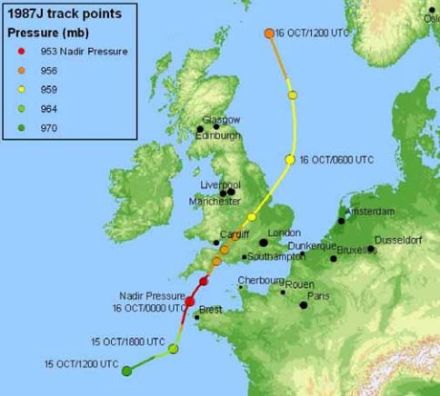 Trajectoire de la tempête d'octobre 1987